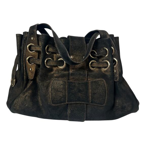 $1850 Jimmy Choo Black Bronze Suede Metallic Ramona Tote Shoulder Bag - Picture 3 of 15